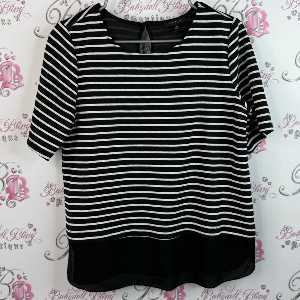 Attitude, T-shirt, stripes, colour block, Black and White Striped Women's Top